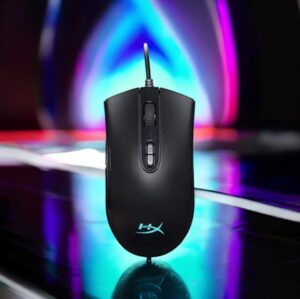 HyperX Pulsefire Core RGB Gaming Mouse retail box on desk setup with RGB background