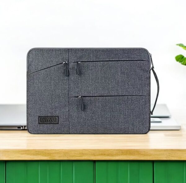 WiWU grey laptop sleeve with multi zipper pockets and side handle – 13 to 15.6 inch, water-resistant and shockproof