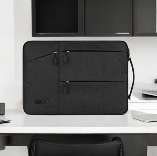 WiWU grey laptop sleeve with multi zipper pockets and side handle – 13 to 15.6 inch, water-resistant and shockproof