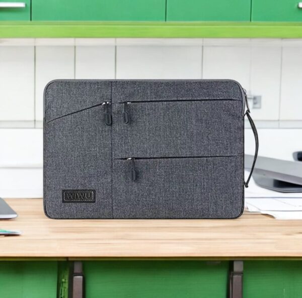 WiWU grey laptop sleeve with multi zipper pockets and side handle – 13 to 15.6 inch, water-resistant and shockproof