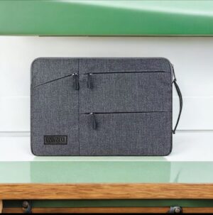 WiWU grey laptop sleeve with multi zipper pockets and side handle – 13 to 15.6 inch, water-resistant and shockproof