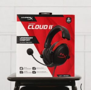 HyperX Cloud II Gaming Headset with 7.1 Surround Sound and Noise-Canceling Mic in Black and Red Packaging