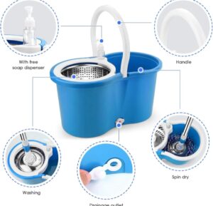 Blue 360 spin mop bucket system with stainless steel wringer and soap dispenser.