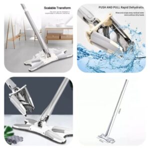 360-degree X-shape self-wringing floor mop with microfiber pad showing push-pull dehydration system.