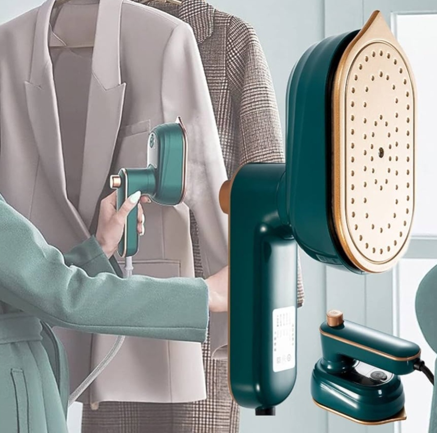 Portable handheld mini steamer iron with transparent water tank and rose gold soleplate.