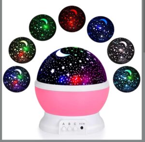 Pink and white 360-degree rotating star and moon night light projector showing multiple color projection examples.