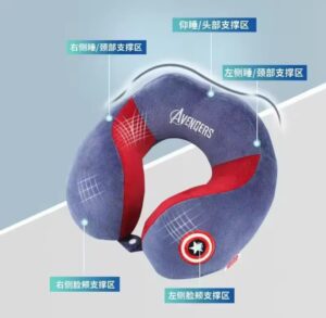 Captain America Marvel Avengers blue U-shaped travel neck pillow showing ergonomic support zones.