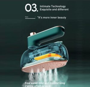 Portable handheld mini steamer iron with transparent water tank and rose gold soleplate.