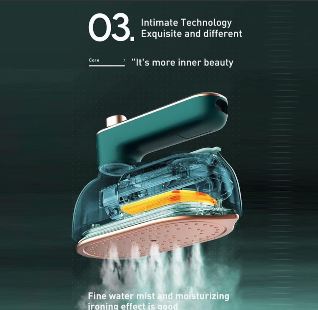 Portable handheld mini steamer iron with transparent water tank and rose gold soleplate.