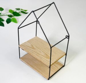 2-tier house-shaped wall shelf with black metal wire frame and two light-colored wooden planks on a white background.
