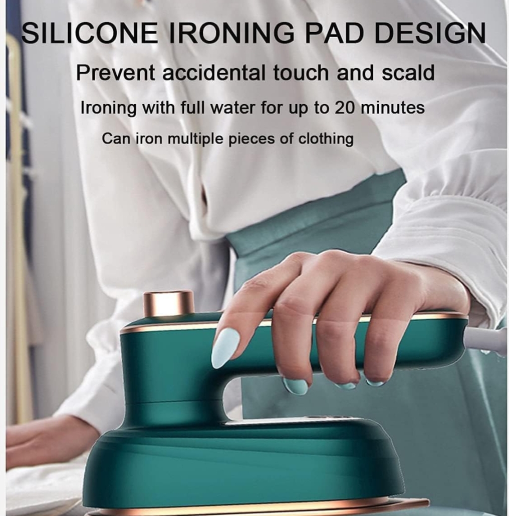 Portable handheld mini steamer iron with transparent water tank and rose gold soleplate.