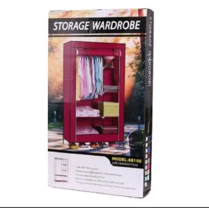 Maroon portable fabric wardrobe with hanging rod and storage shelves for clothes and shoes.