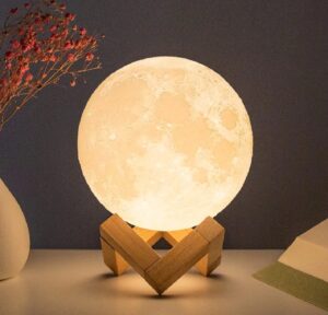 3D Printed Rechargeable Moon Lamp on Wooden Stand for Bedroom Decor