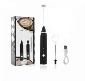 Black USB rechargeable electric milk frother with two interchangeable whisks and a USB charging cable next to the product box.