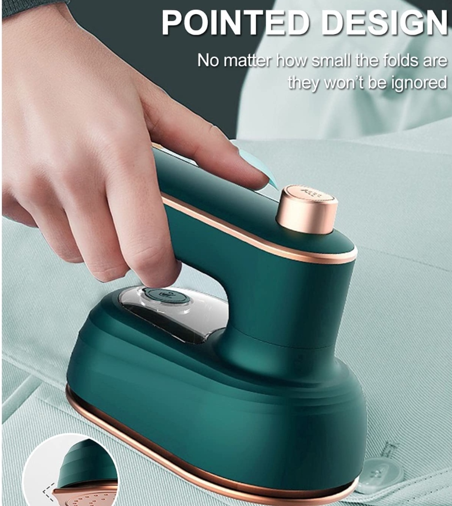 Portable handheld mini steamer iron with transparent water tank and rose gold soleplate.