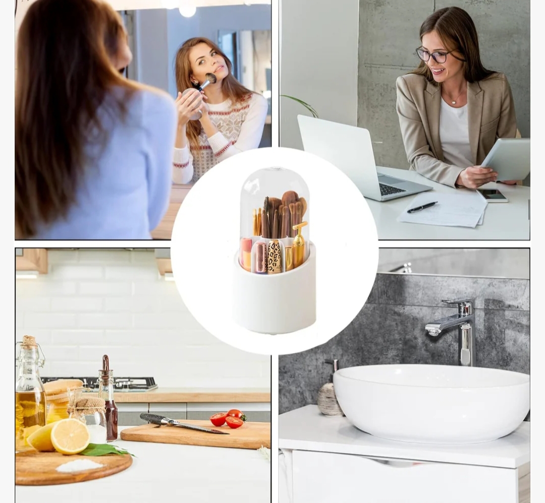 A hand lifting a clear dustproof lid off a white 360-degree rotating makeup brush organizer filled with various cosmetic brushes and lipsticks.