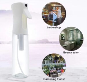 White continuous mist spray bottle with clear bottom shown alongside barbershop, beauty salon, and gardening icons